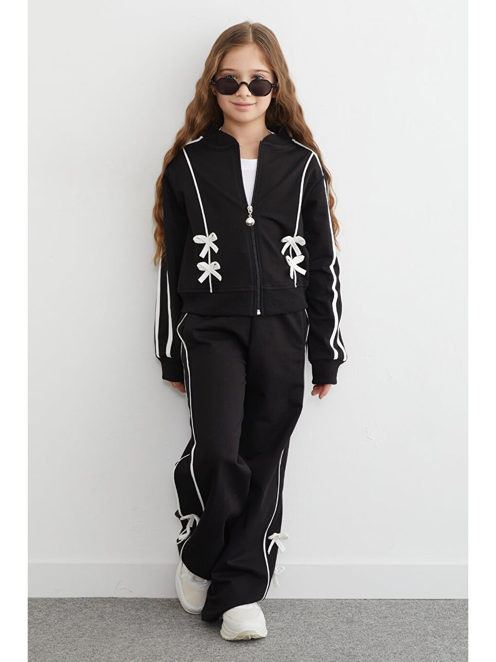 Siyah Fiyonk Detaylı Çizgili 2 Li Kız Çocuk Takım