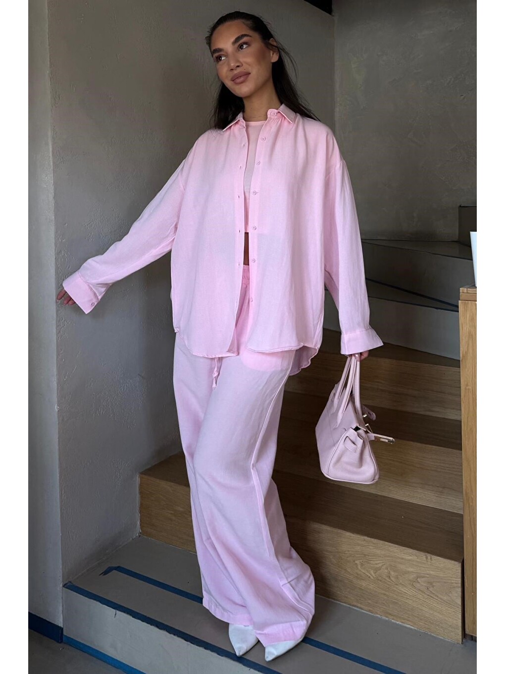 Pembe Keten Kadın Gömlek Pantolon İkili Takım Mg2356-3