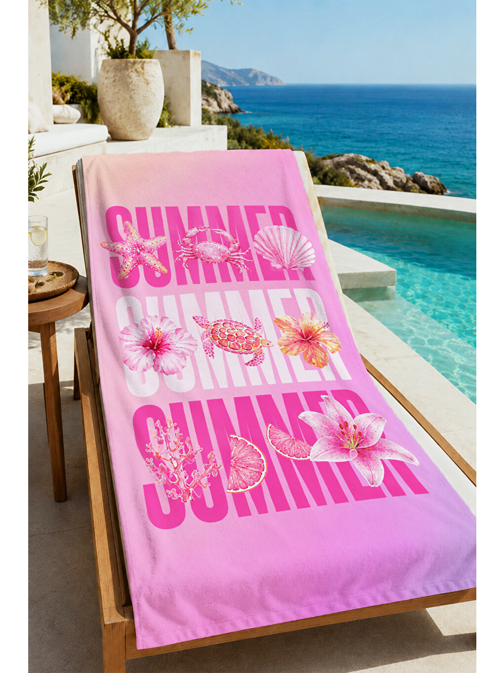 Pop Art Pembe Summer Yazılı Tipografik Desenli 70x150 Plaj Havlusu - Dijital Baskılı Banyo Havlusu
