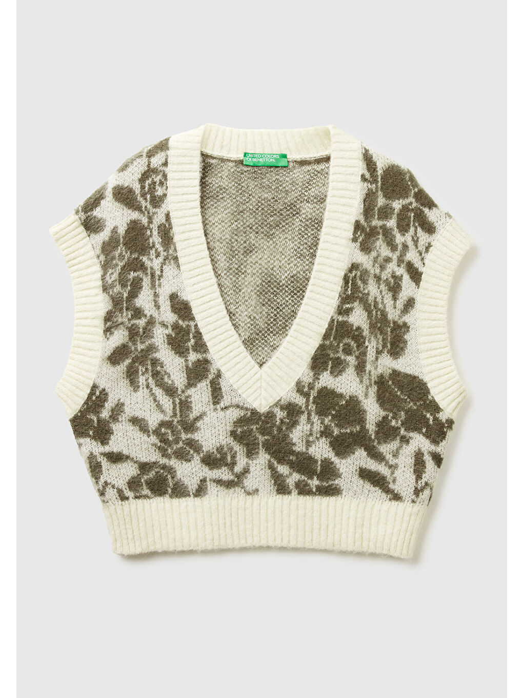 Ekru Kadın Krem Akrilik Karışımlı Desenli Ribana Detaylı V Yaka Kolsuz Kazak-1