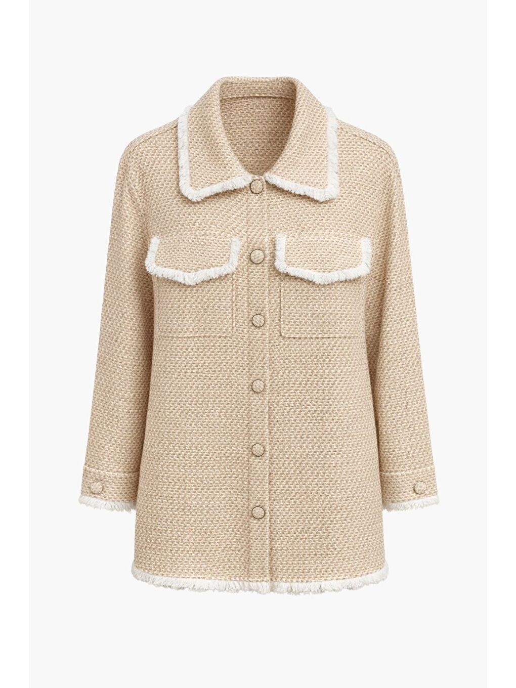 Püsküllü Bej Beyaz Tüvit Dokuma Tunik-5