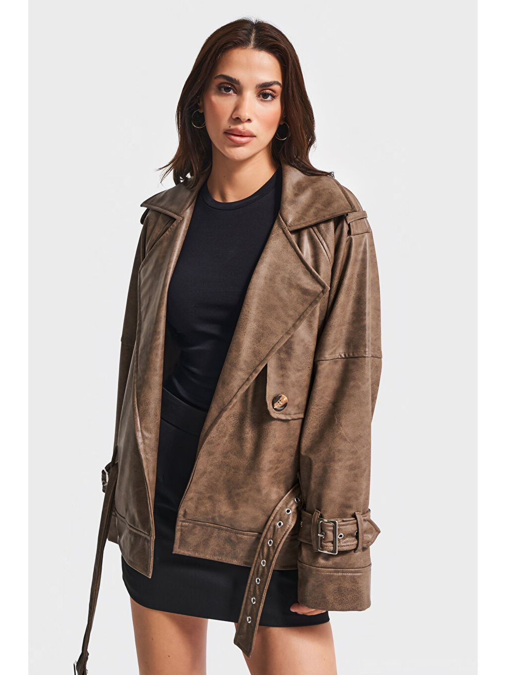 Kadın Kahverengi w5-16 Özel Yıkama Bol Kesim Deri Kumaş Tasarım Ceket-1