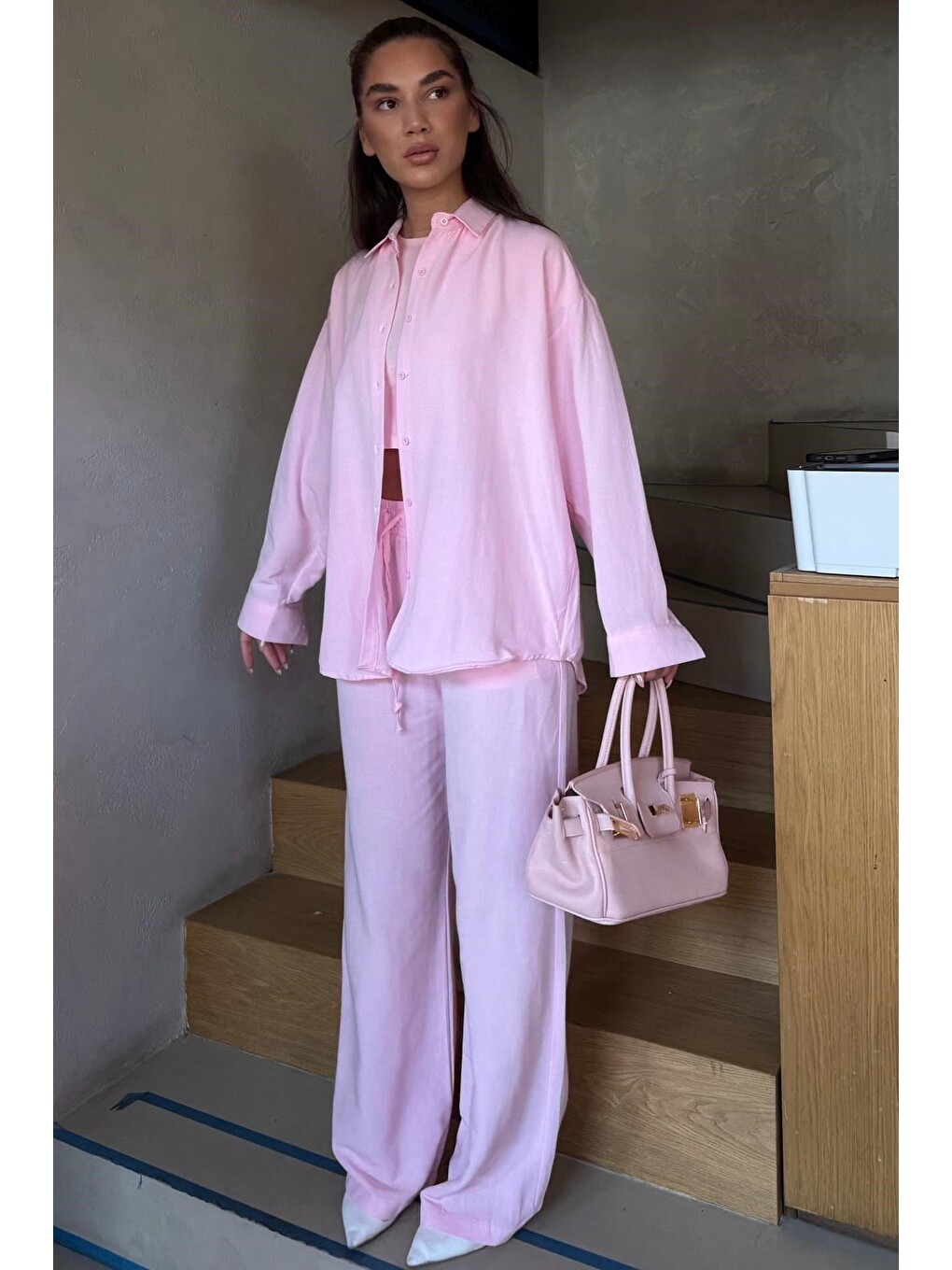 Pembe Keten Kadın Gömlek Pantolon İkili Takım Mg2356-4