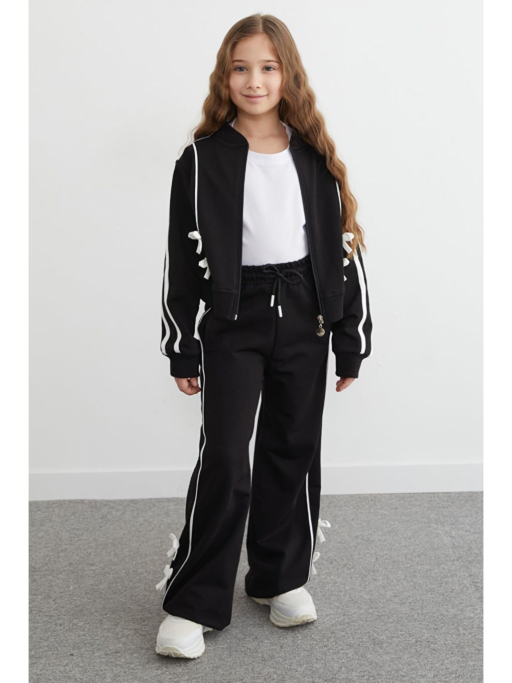 Siyah Fiyonk Detaylı Çizgili 2 Li Kız Çocuk Takım-1