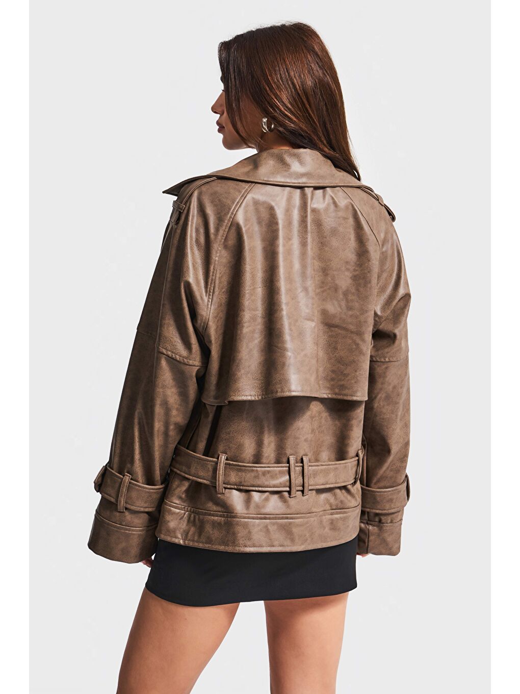 Kadın Kahverengi w5-16 Özel Yıkama Bol Kesim Deri Kumaş Tasarım Ceket-2