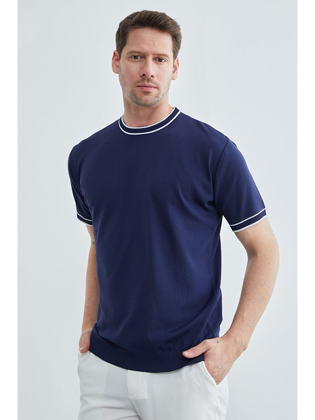 Lacivert Biyeli Bisiklet Yaka Triko Tişört-2