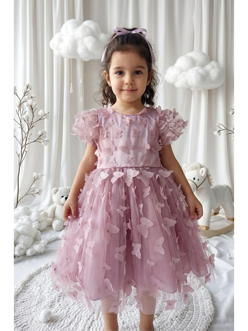 Pembe 3d Kelebek Figürlü Balon Kısa Kollu Kız Çocuk Kız Bebek Elbise