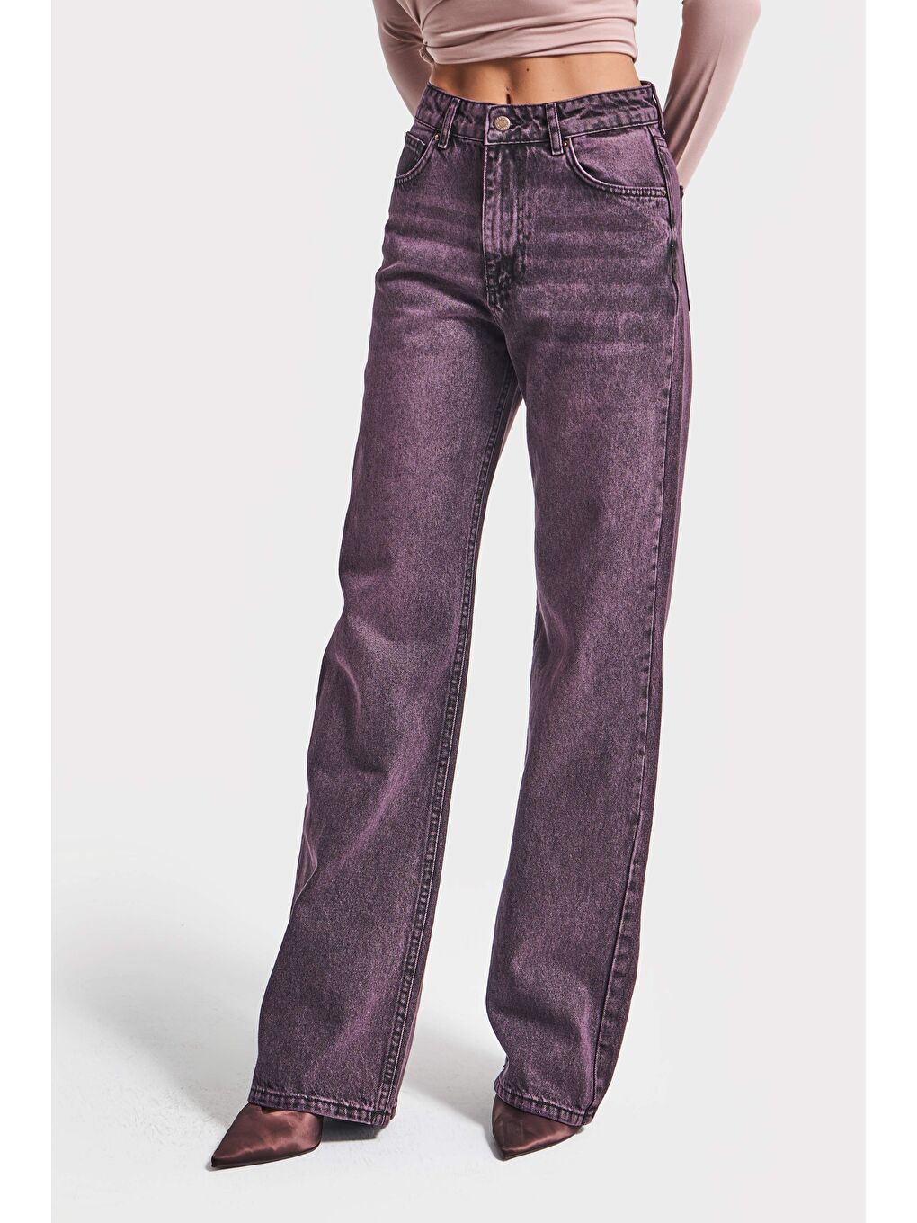 Kadın Taşlanmış Bordo Renk 20w5-111 Straingt Fit Yüksek Bel %100 Pamuk Denim Jean