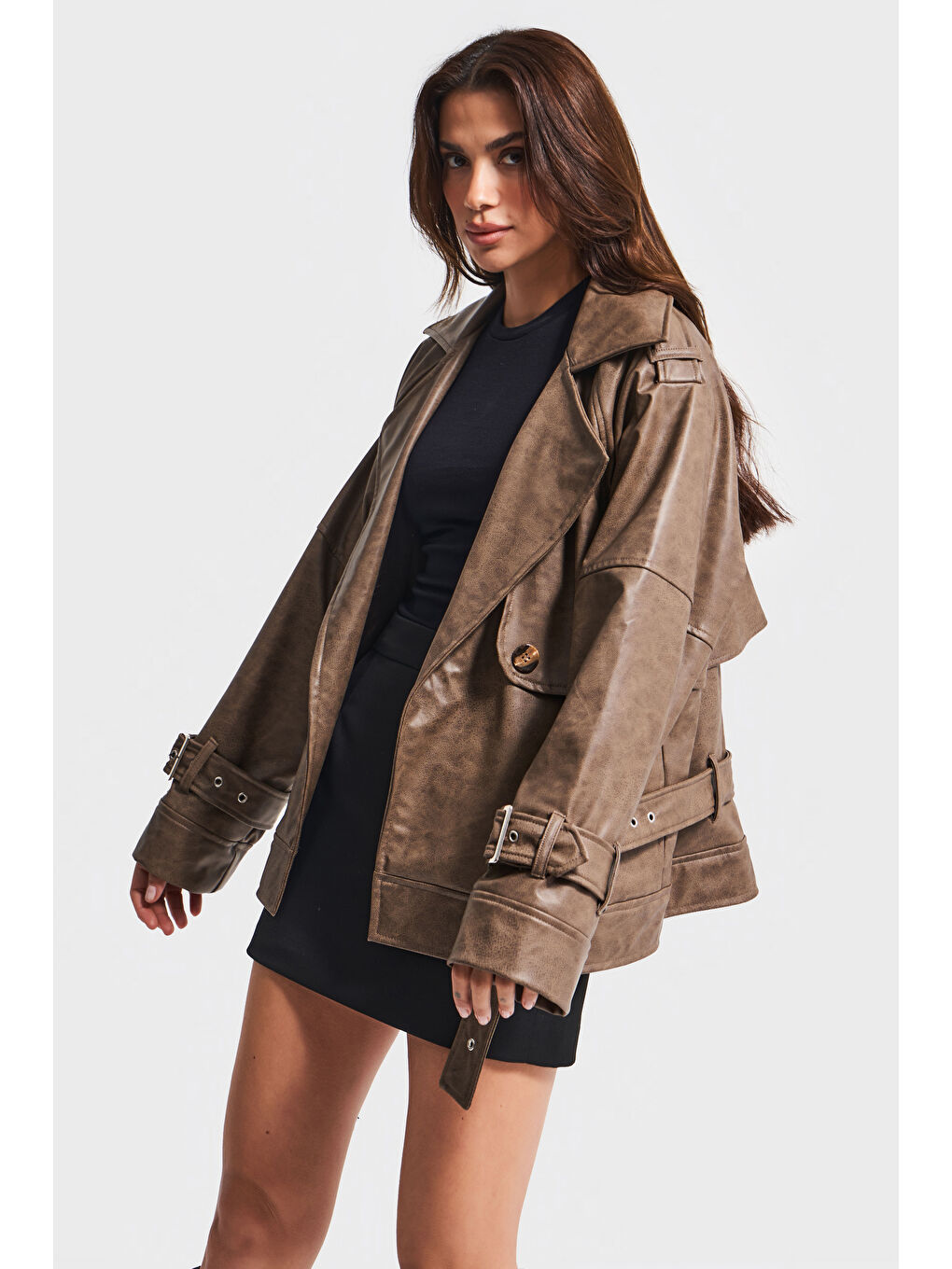 Kadın Kahverengi w5-16 Özel Yıkama Bol Kesim Deri Kumaş Tasarım Ceket-3