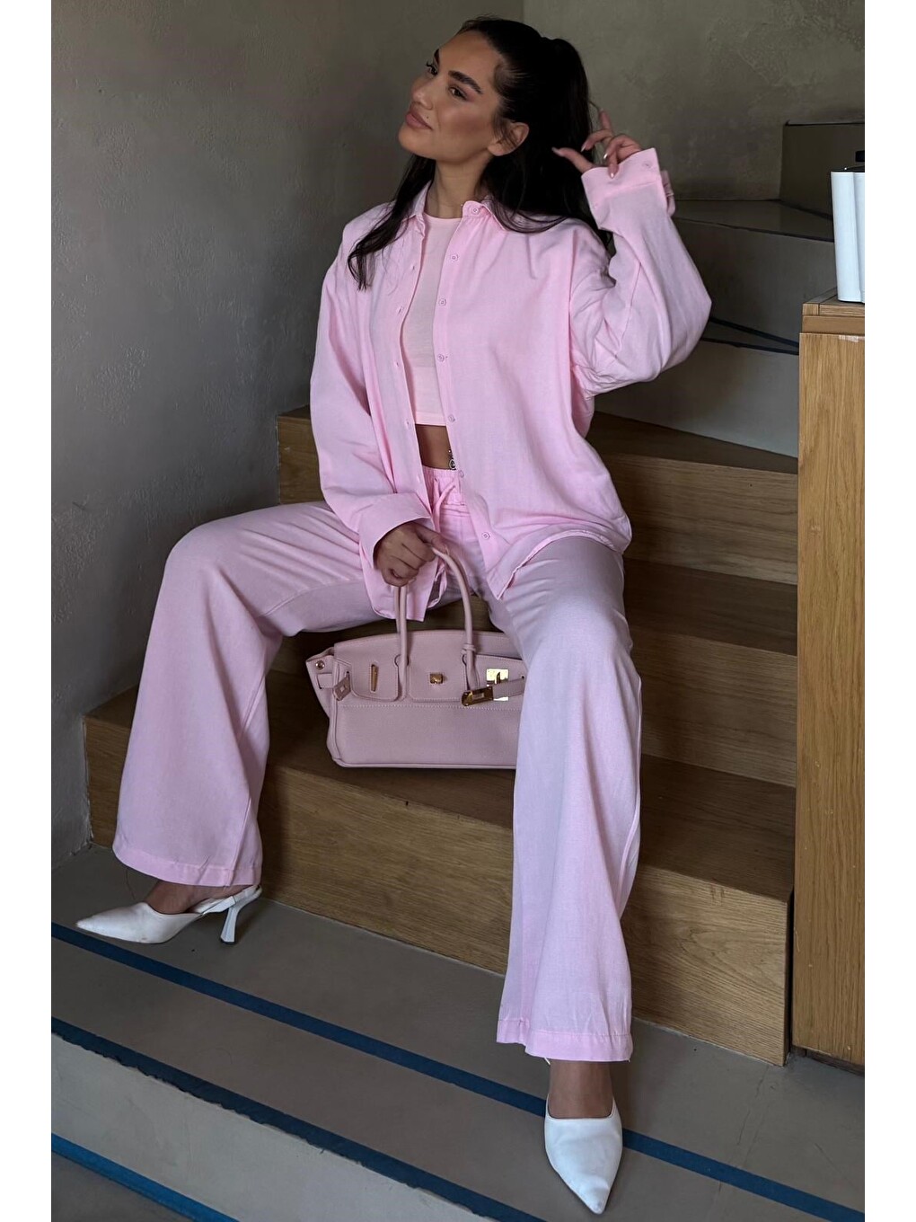 Pembe Keten Kadın Gömlek Pantolon İkili Takım Mg2356-5