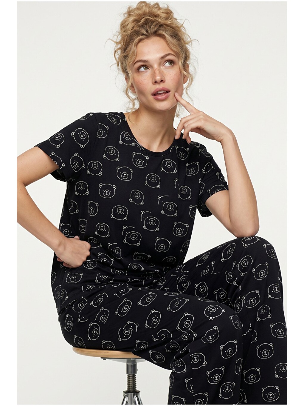 Karışık Siyah Ayıcık Desenli Kısa Kollu Pamuklu Pijama Takımı