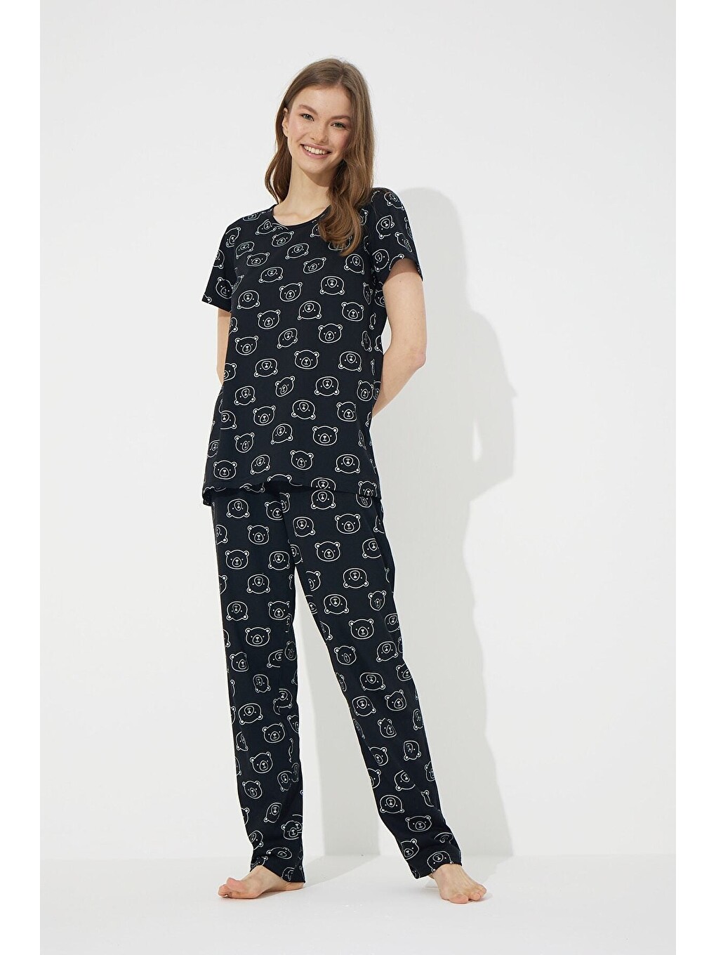 Karışık Siyah Ayıcık Desenli Kısa Kollu Pamuklu Pijama Takımı-1