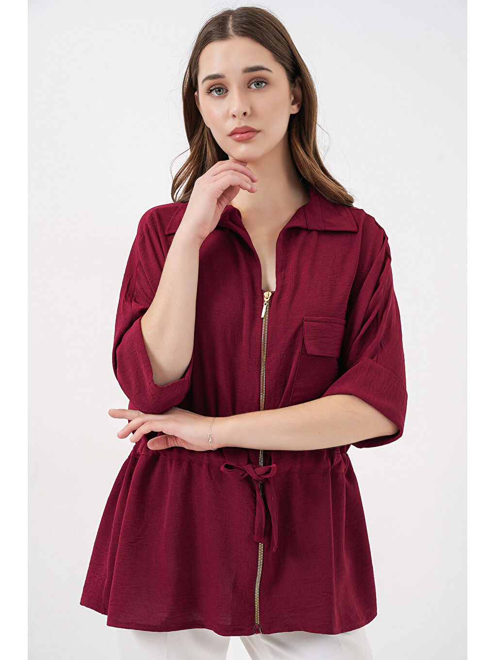 Fermuarlı Kadın Gömlek 0721 - Bordo-2