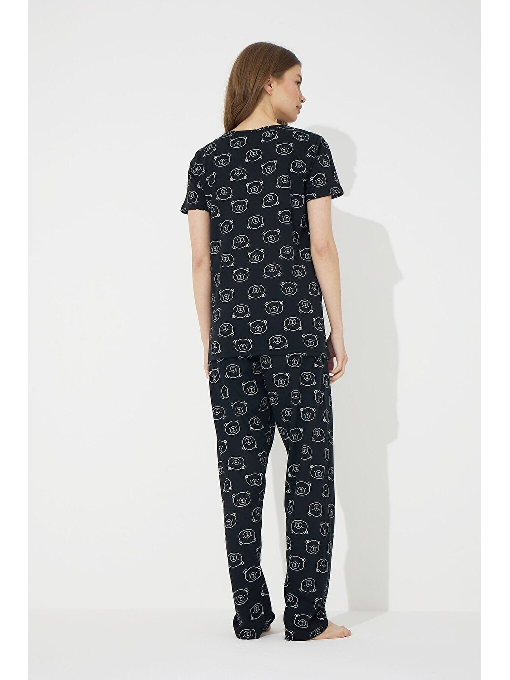 Karışık Siyah Ayıcık Desenli Kısa Kollu Pamuklu Pijama Takımı-2