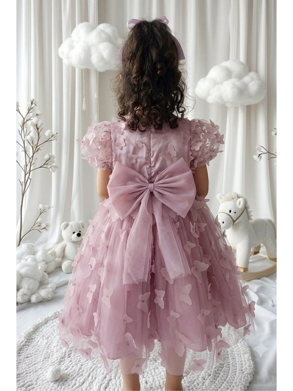 Pembe 3d Kelebek Figürlü Balon Kısa Kollu Kız Çocuk Kız Bebek Elbise-1