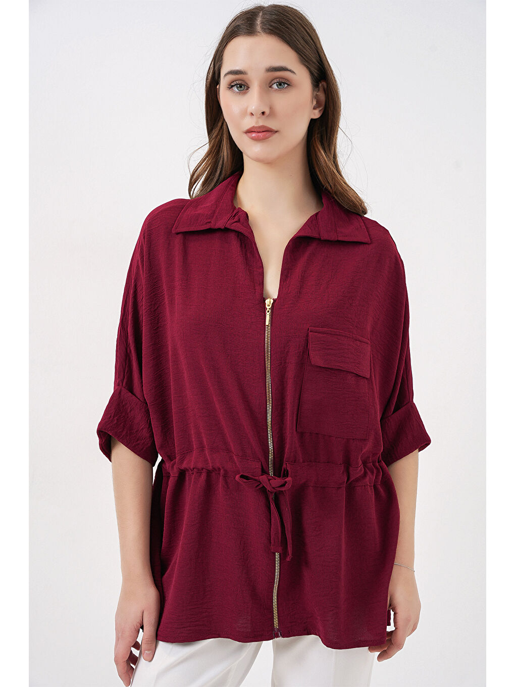 Fermuarlı Kadın Gömlek 0721 - Bordo-3