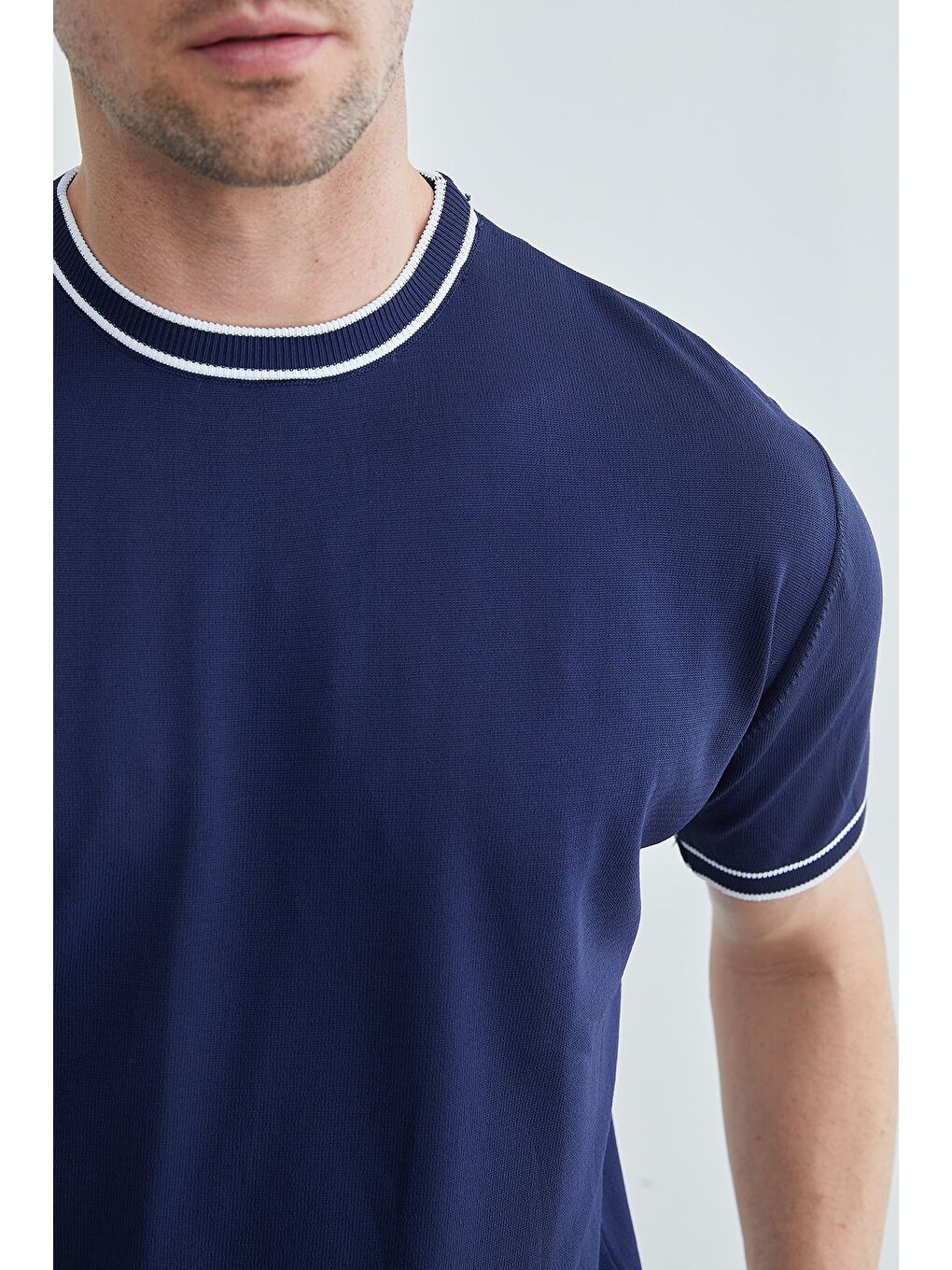 Lacivert Biyeli Bisiklet Yaka Triko Tişört-4