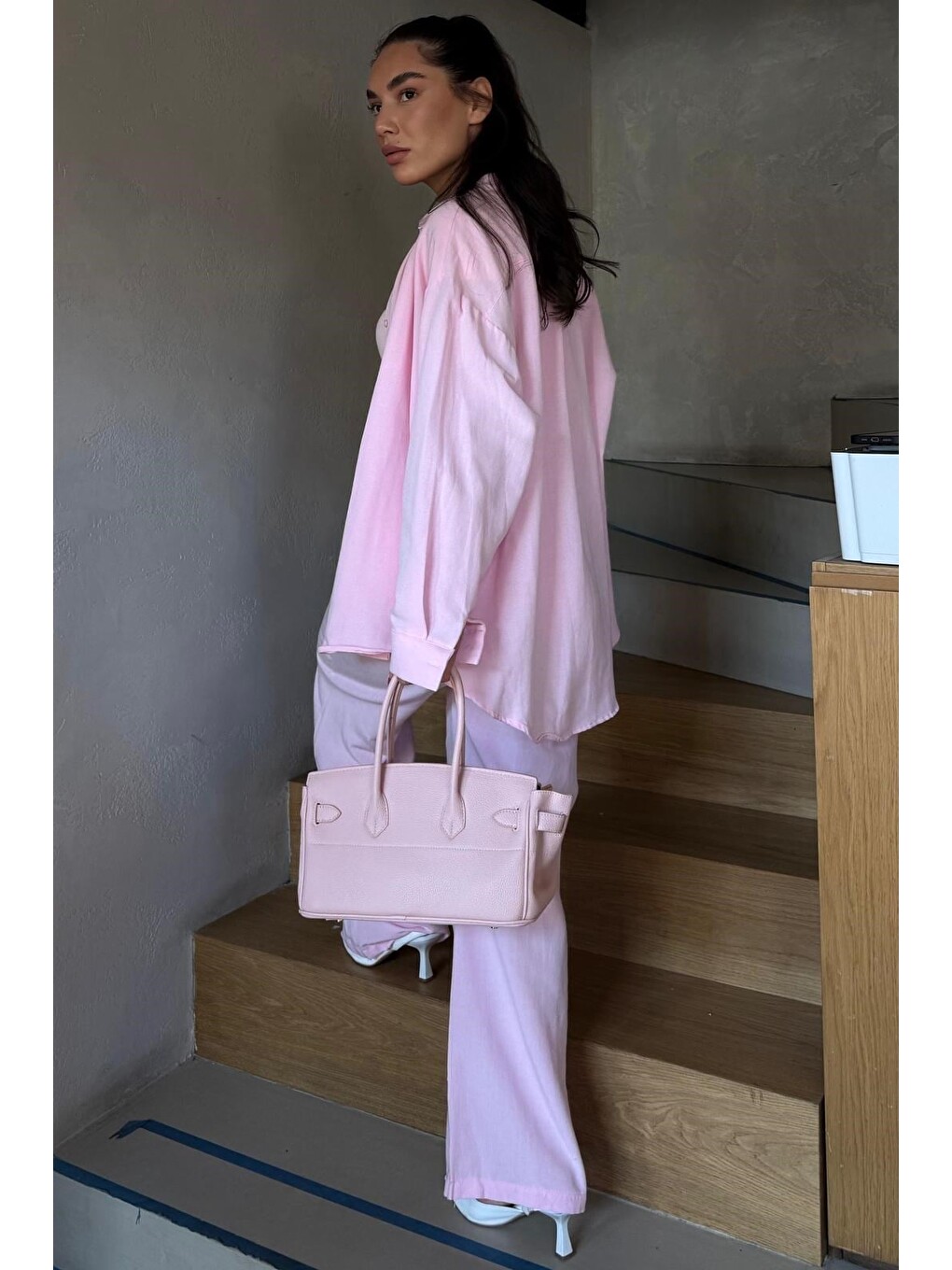 Pembe Keten Kadın Gömlek Pantolon İkili Takım Mg2356-6