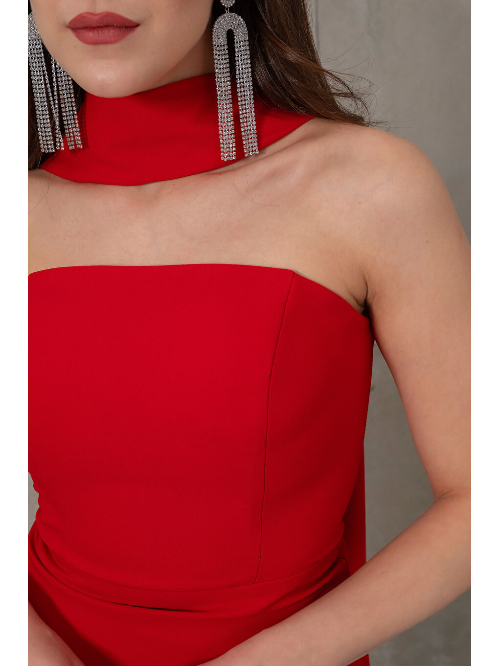 Kadın Kırmızı Dar Kalıp Şal Yaka Detay Uzun Abiye Elbise-4