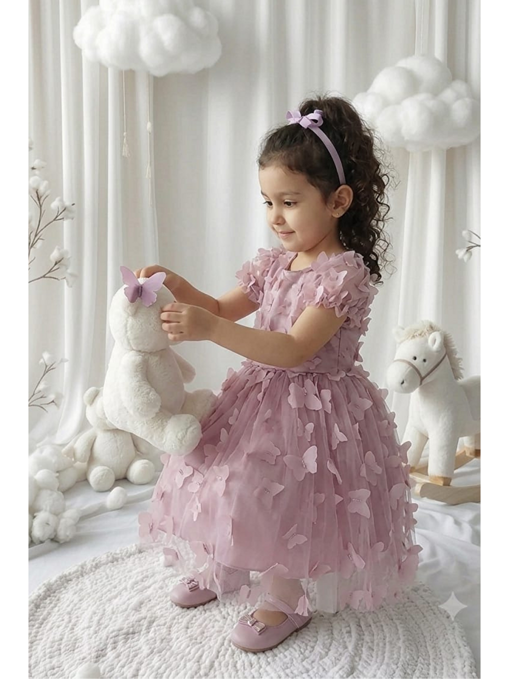 Pembe 3d Kelebek Figürlü Balon Kısa Kollu Kız Çocuk Kız Bebek Elbise-2