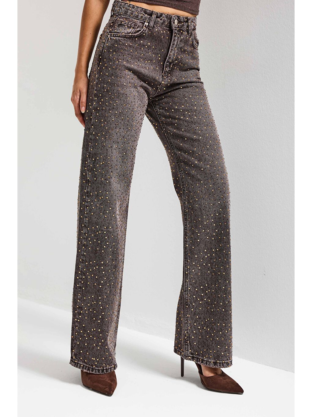 Kahverengi Kadın Taşlı Kahve T-4s6-179 Straight Fit Full Parlak Taşlı Özel Tasarım Denim Jean