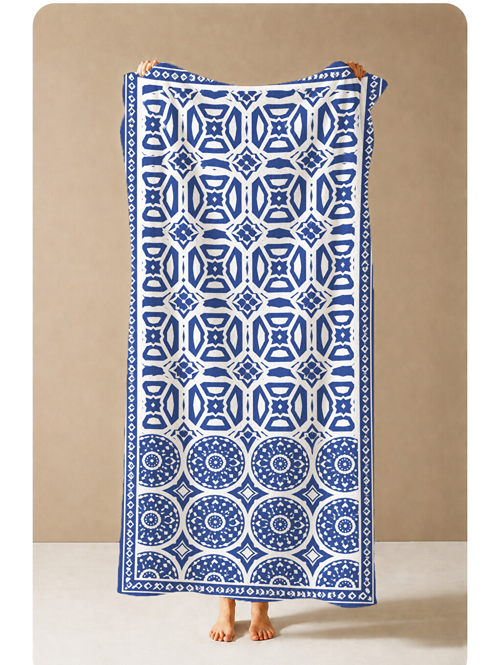 Bohem Mavi Mandala Karo Motifli Desenli 70x150 Plaj Havlusu - Dijital Baskılı Solmaz Banyo Havlusu