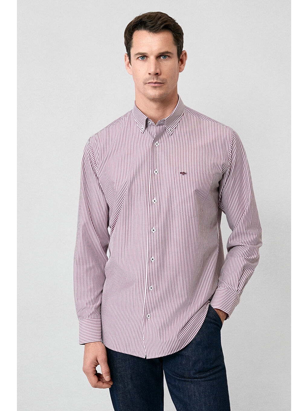 Kahverengi Uzun Kol Regular Fit Çizgili Düğmeli Yaka Pamuklu Kolay Ütülenebilir Gömlek-1