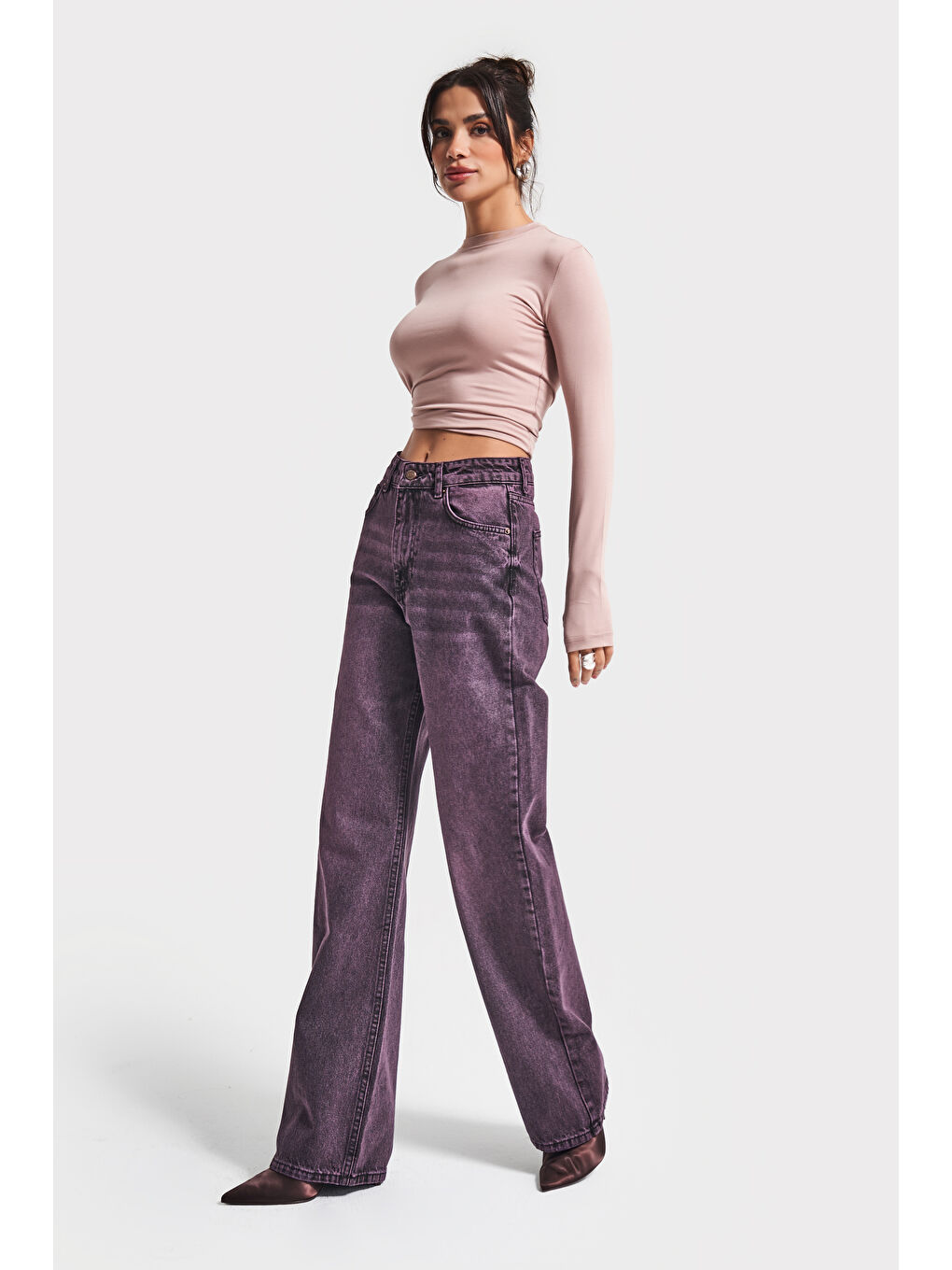 Kadın Taşlanmış Bordo Renk 20w5-111 Straingt Fit Yüksek Bel %100 Pamuk Denim Jean-1