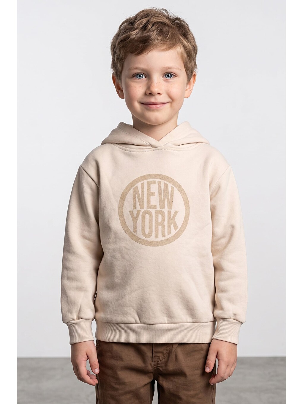 Bej 3 İplik New York Baskılı Kapüşonlu Unisex Çocuk Sweatshirt-1