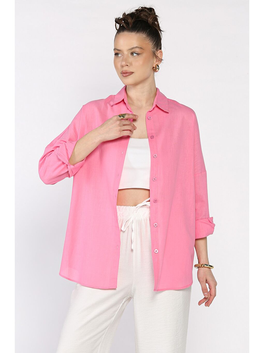 Pembe Kadın Uzun Kol Keten Gömlek-1