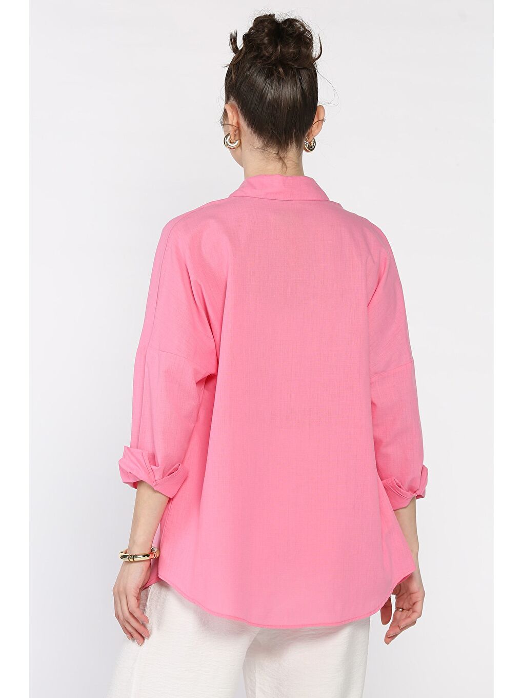 Pembe Kadın Uzun Kol Keten Gömlek-2