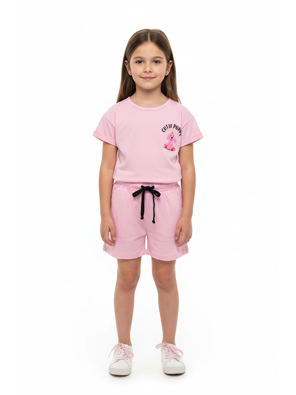 Pembe Kız Çocuk 2'li Şortlu Takım Bisiklet Yaka Düşük Omuz Kısa Kollu Baskılı Tişört - Beli Lastikli Bağl