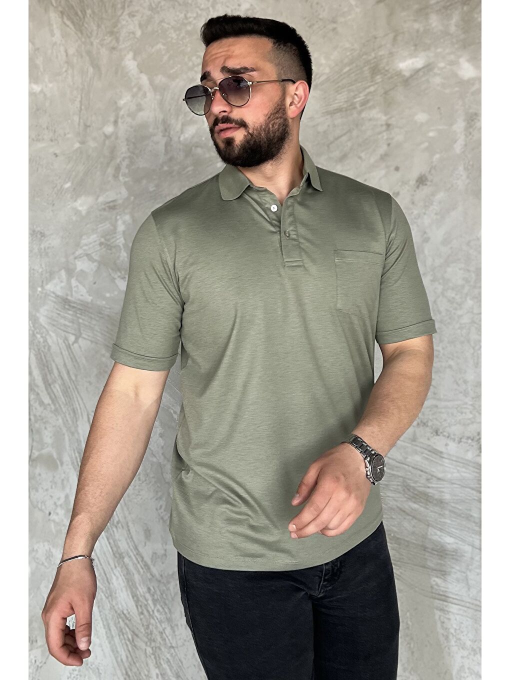 Haki Polo Yaka Yarım Düğmeli Cepli Erkek Tişört-1