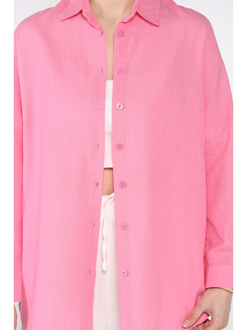 Pembe Kadın Uzun Kol Keten Gömlek-3