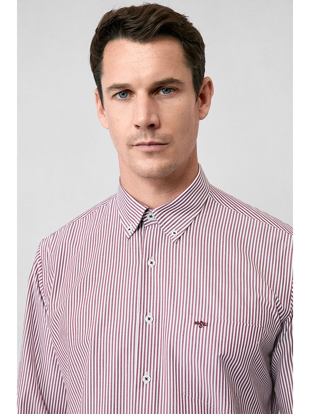 Kahverengi Uzun Kol Regular Fit Çizgili Düğmeli Yaka Pamuklu Kolay Ütülenebilir Gömlek-2