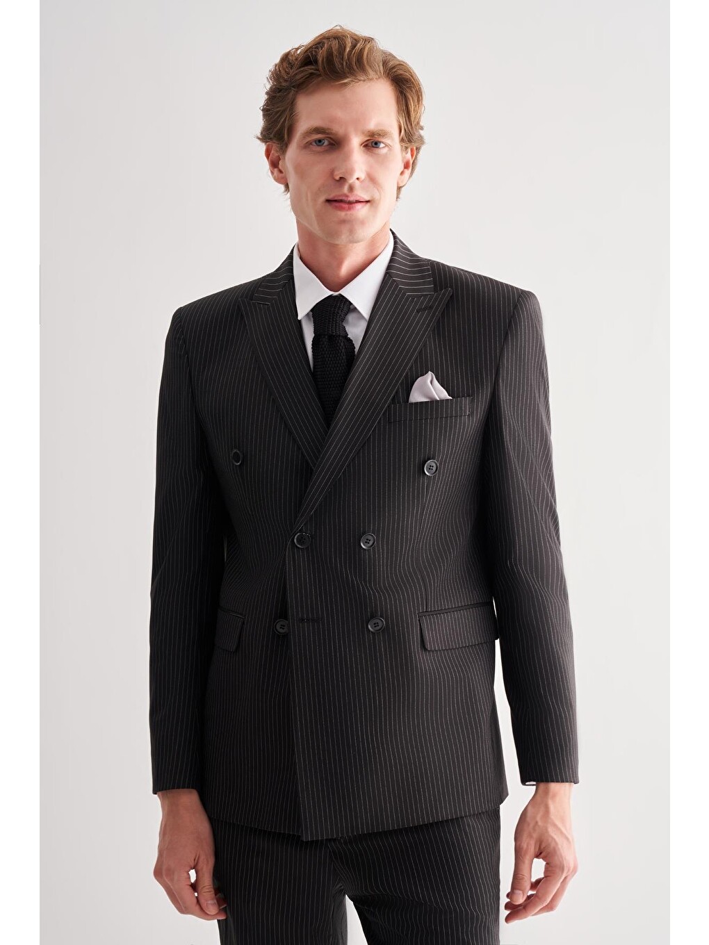 Siyah Kılıç Yaka Tam Astar 6 Drop Slim Fit Esnek Kruvaze  Takım Elbise 1001255152-1