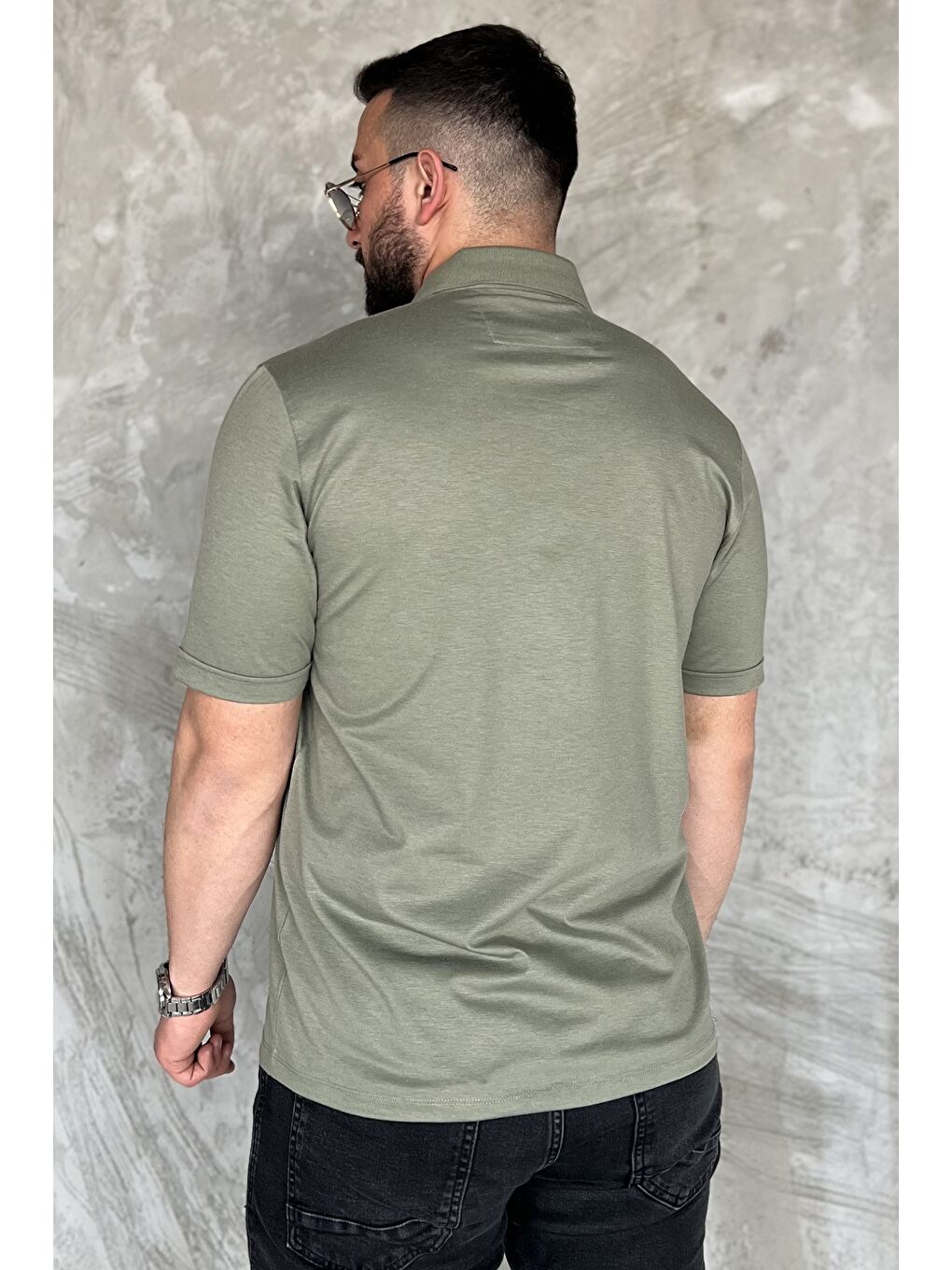 Haki Polo Yaka Yarım Düğmeli Cepli Erkek Tişört-2