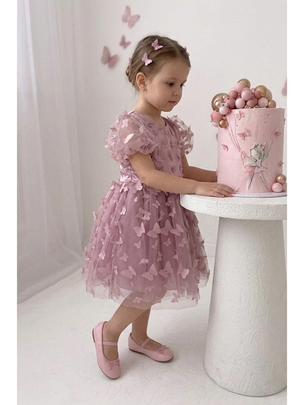 Pembe 3d Kelebek Figürlü Balon Kısa Kollu Kız Çocuk Kız Bebek Elbise-5