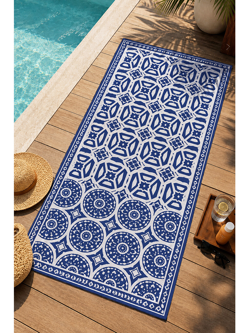 Bohem Mavi Mandala Karo Motifli Desenli 70x150 Plaj Havlusu - Dijital Baskılı Solmaz Banyo Havlusu-1