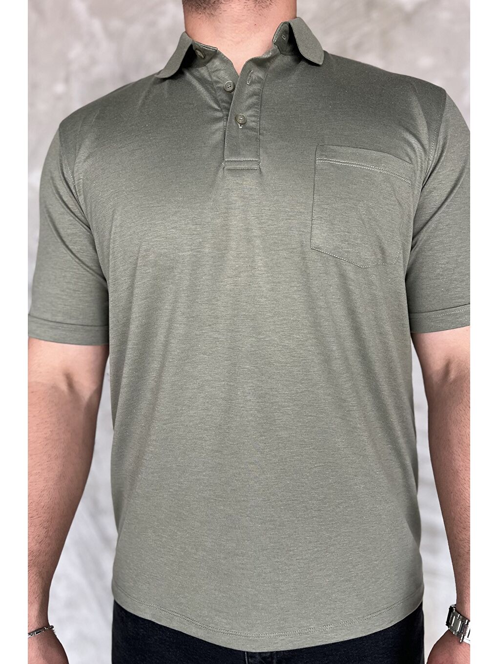 Haki Polo Yaka Yarım Düğmeli Cepli Erkek Tişört-3