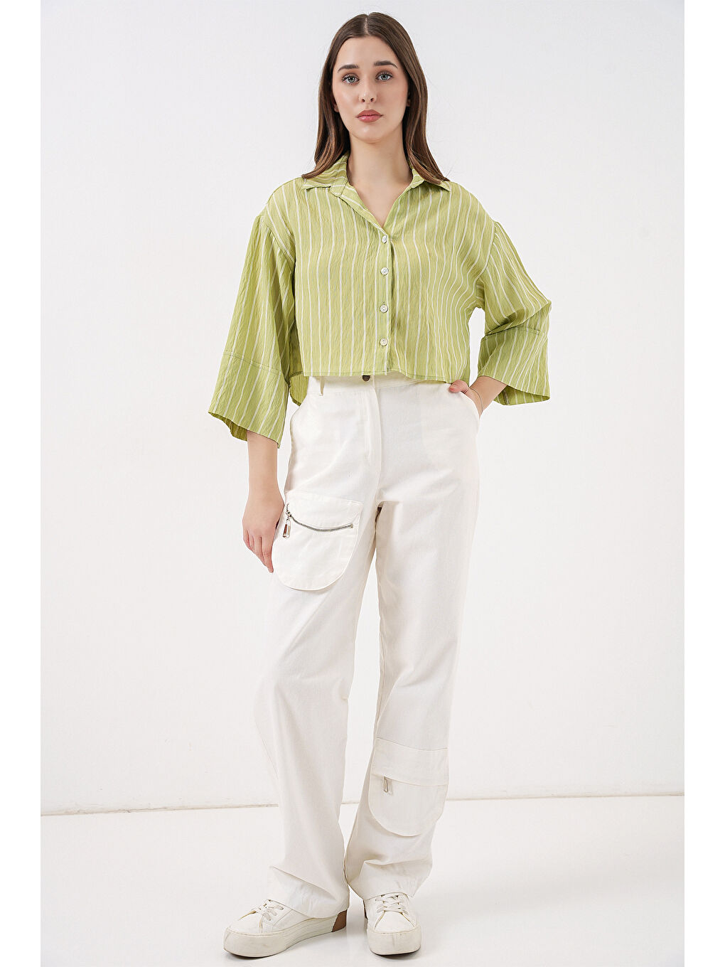 Kadın Çizgili Oversize Kısa Gömlek 20326 - E.Yeşil-1