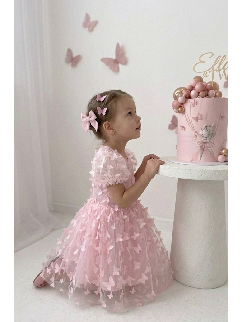 Pembe 3d Kelebek Figürlü Balon Kısa Kollu Kız Çocuk Kız Bebek Elbise-4