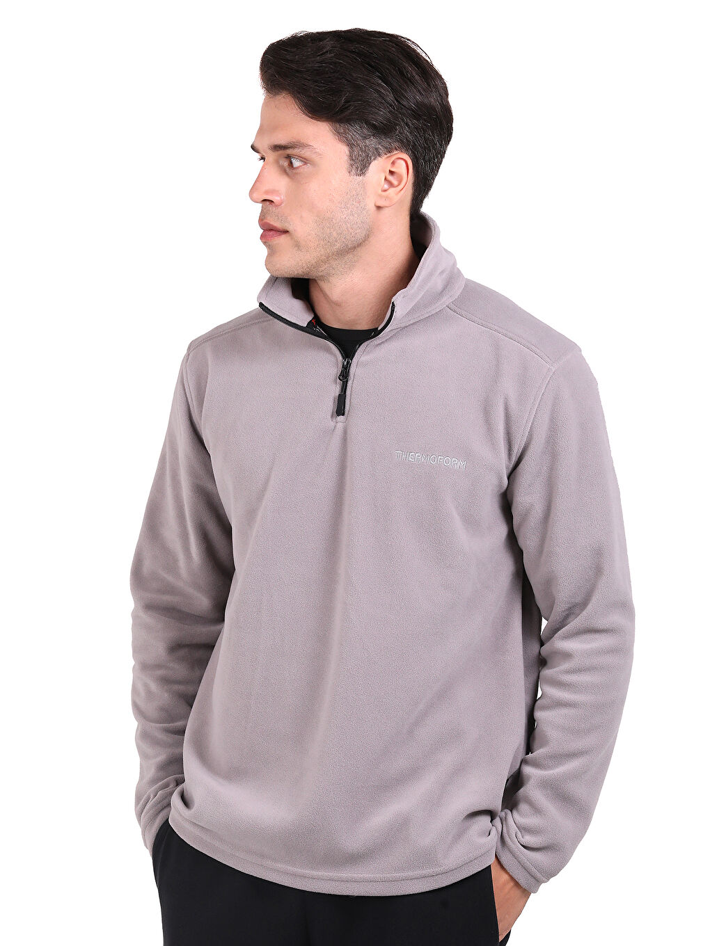 Gri Erkek Polar Dik Yaka Sweatshirt-1