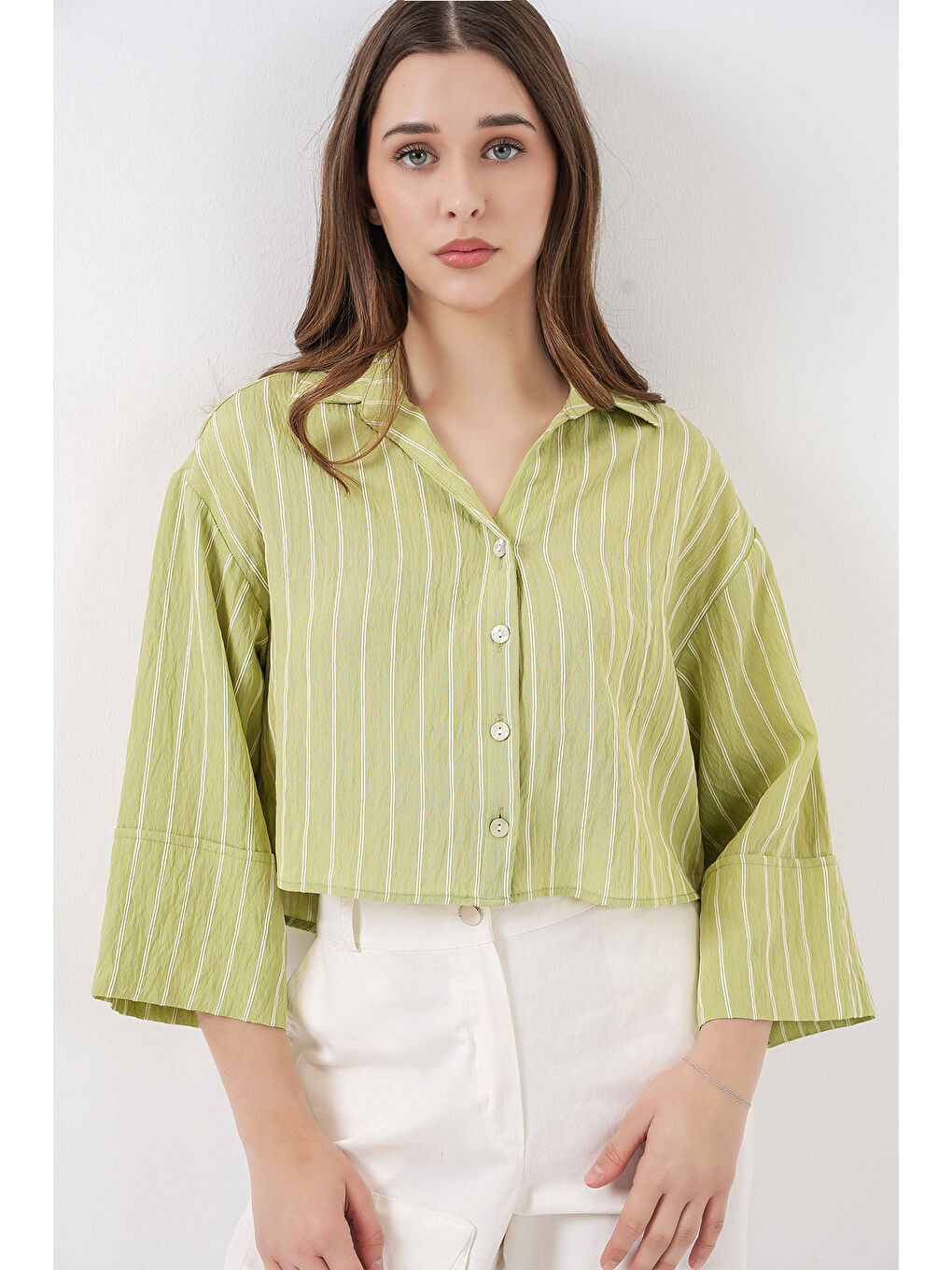 Kadın Çizgili Oversize Kısa Gömlek 20326 - E.Yeşil-2