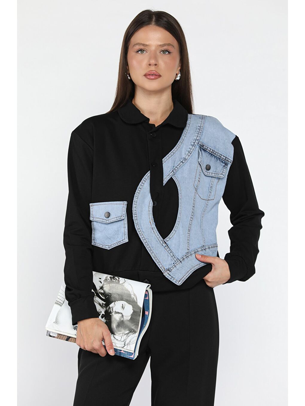 Siyah Kadın Jean Garnili Mevsimlik Ceket