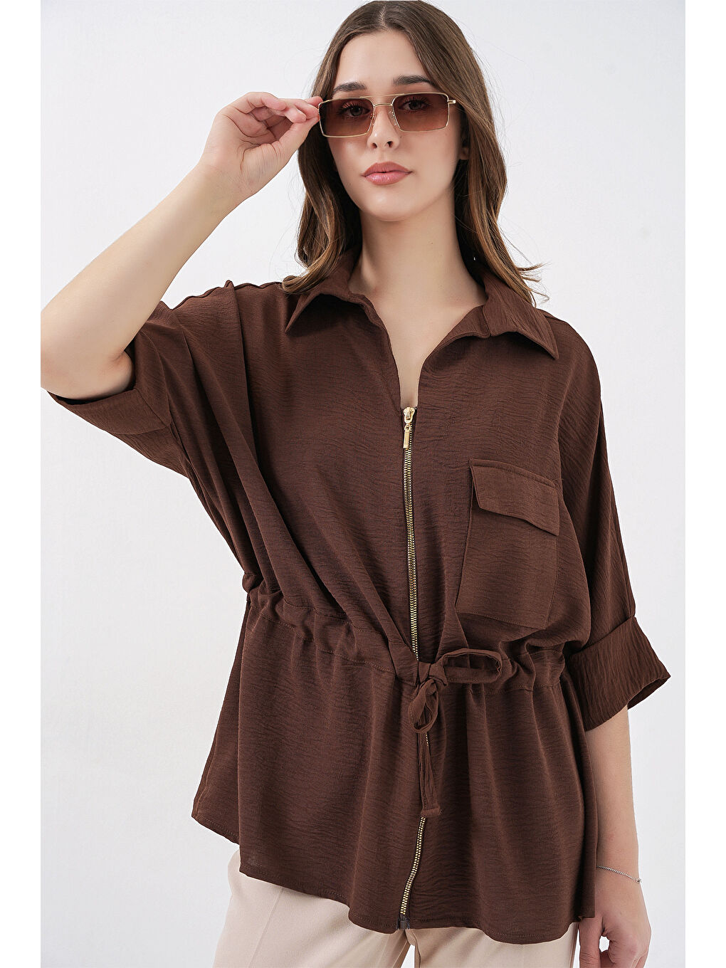 Fermuarlı Kadın Gömlek 0721 - Kahverengi-1
