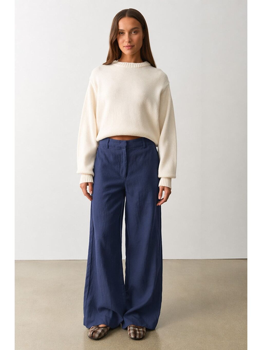 İndigo Yüksek Bel Keten Wide Leg Pantolon Mg2718