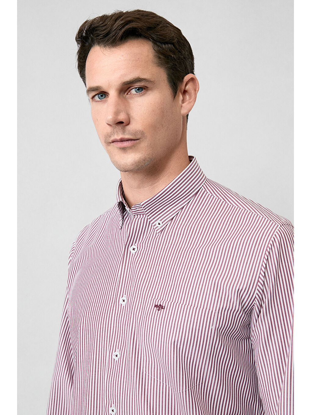 Kahverengi Uzun Kol Regular Fit Çizgili Düğmeli Yaka Pamuklu Kolay Ütülenebilir Gömlek-4