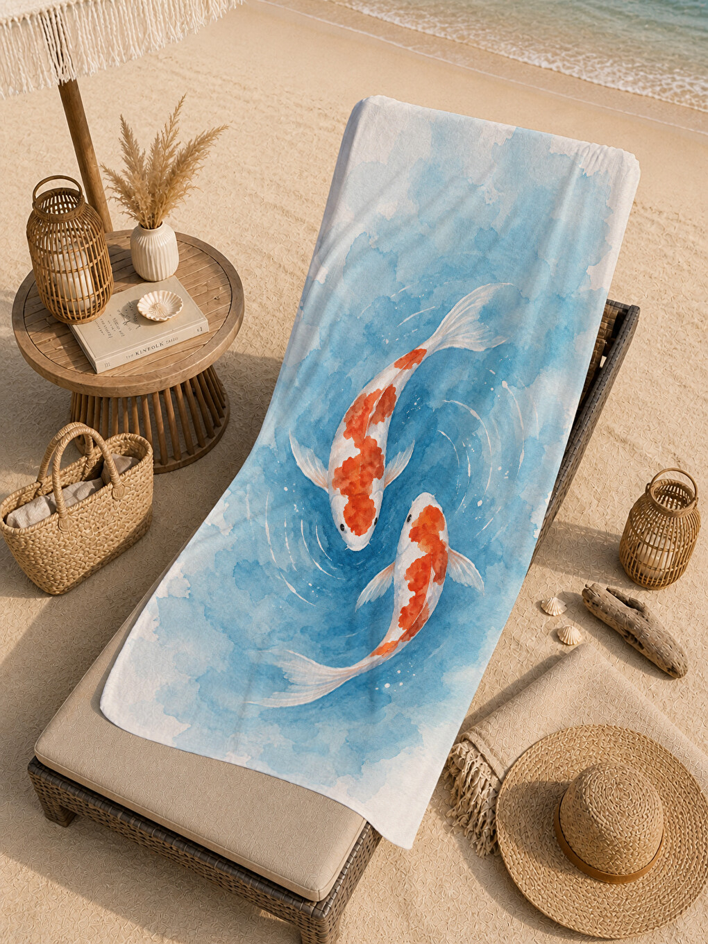 Suluboya Turuncu Koi Balığı Mavi Deniz Desenli 70x150 Plaj Havlusu - Pamuklu Banyo Havlusu-1