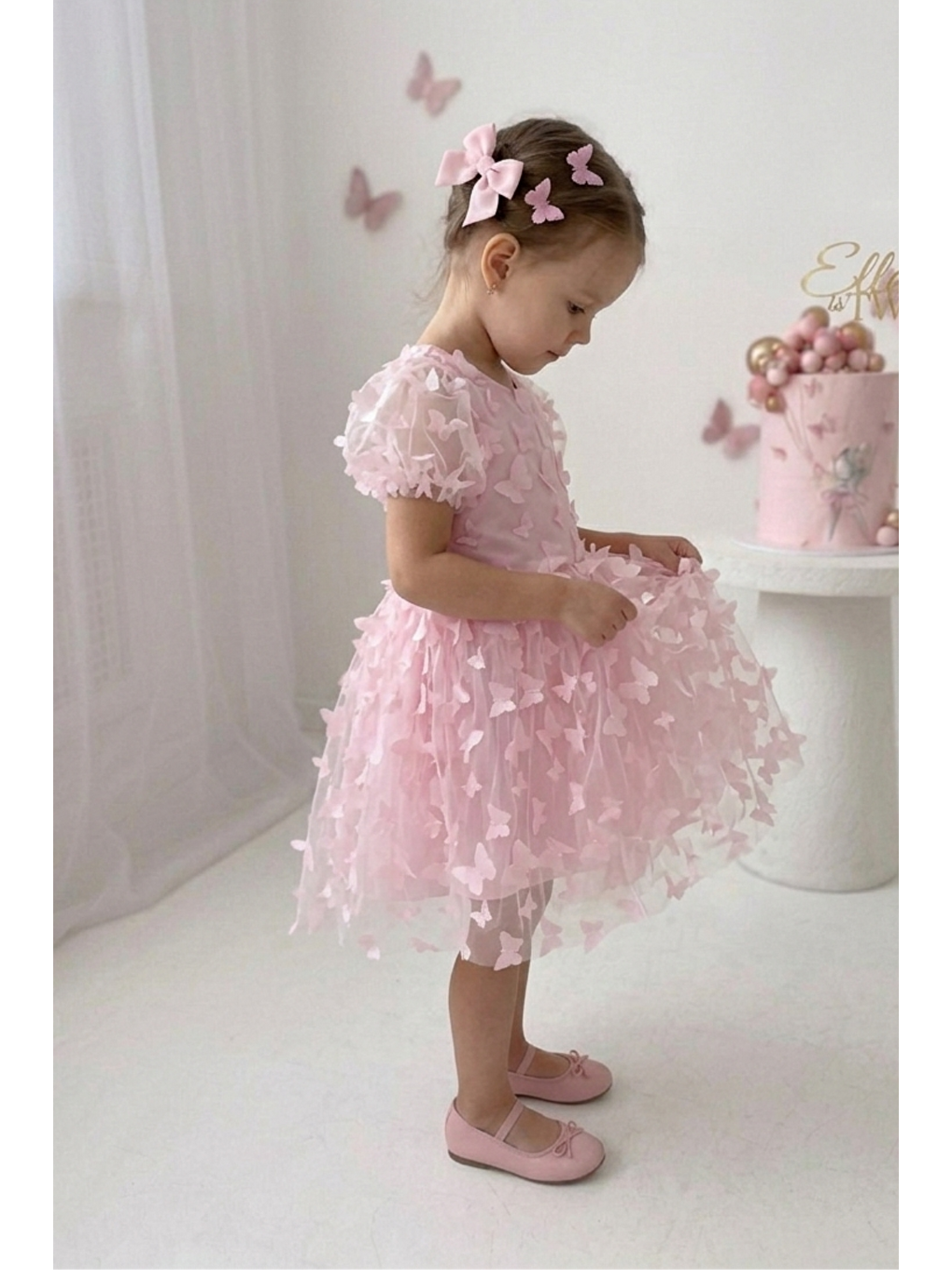 Pembe 3d Kelebek Figürlü Balon Kısa Kollu Kız Çocuk Kız Bebek Elbise-5